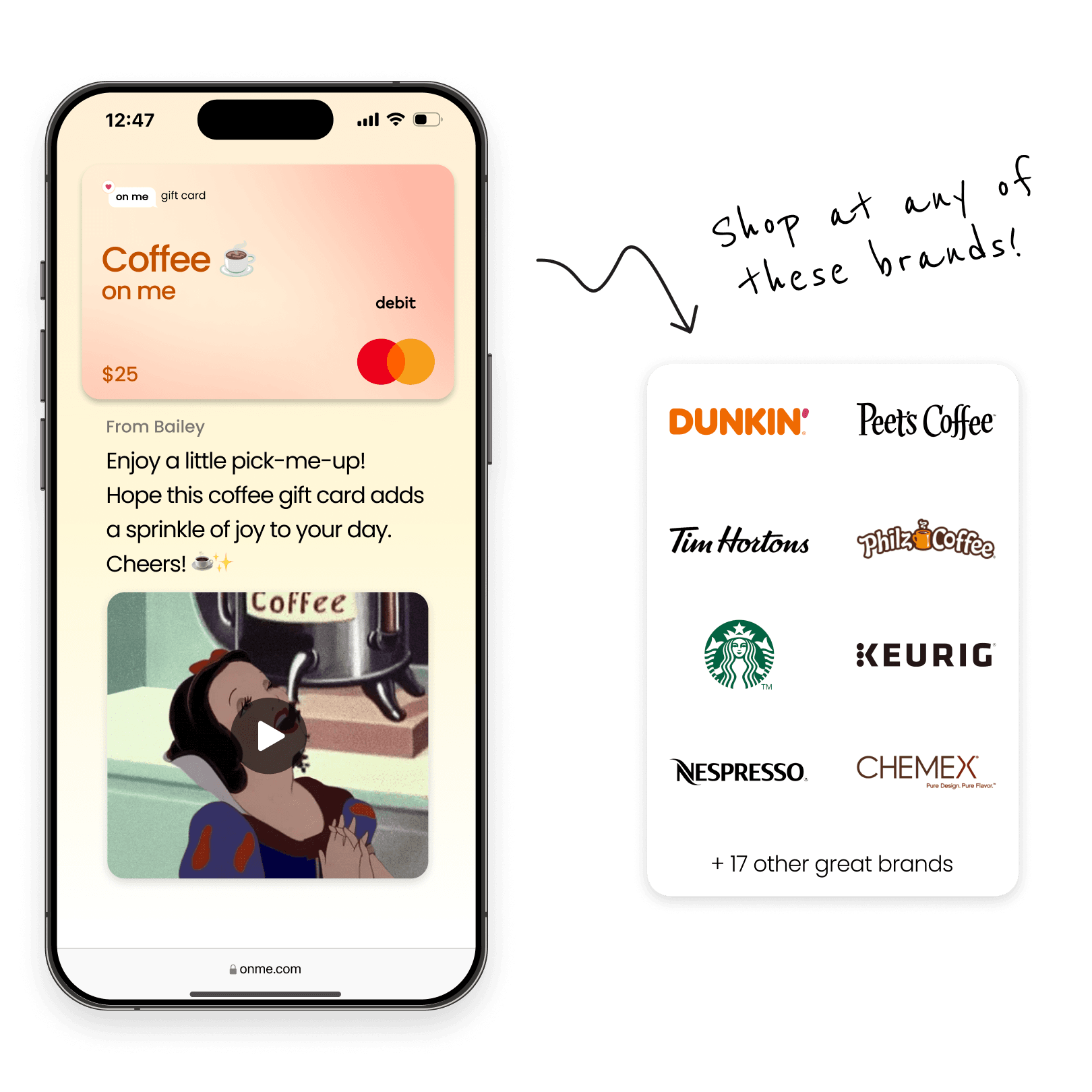 An image of an On Me Gift card being received, showing many brands where the gift card can be used