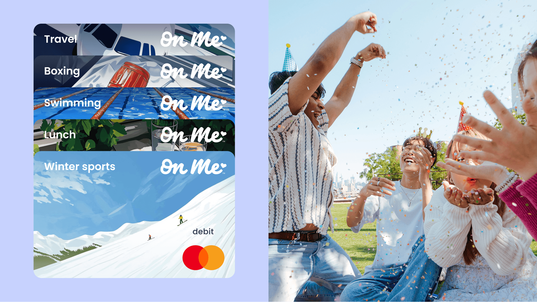 5 on me cards next to a picture of people celebrating