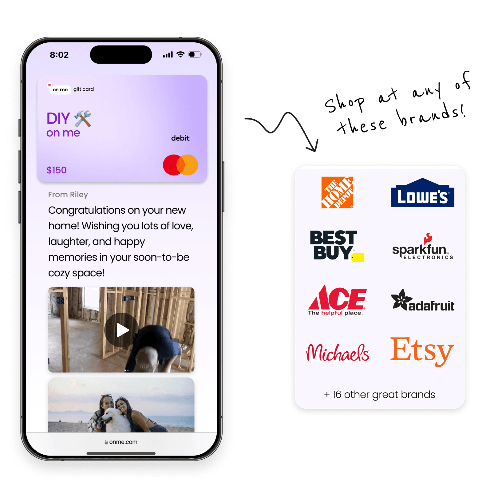 An image of an On Me Gift card being received, showing many brands where the gift card can be used