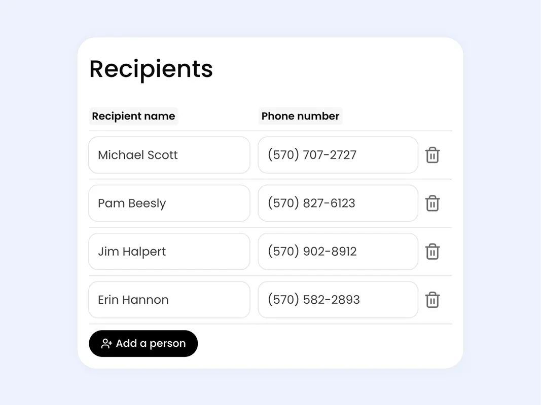Screenshot of adding recipients in bulk