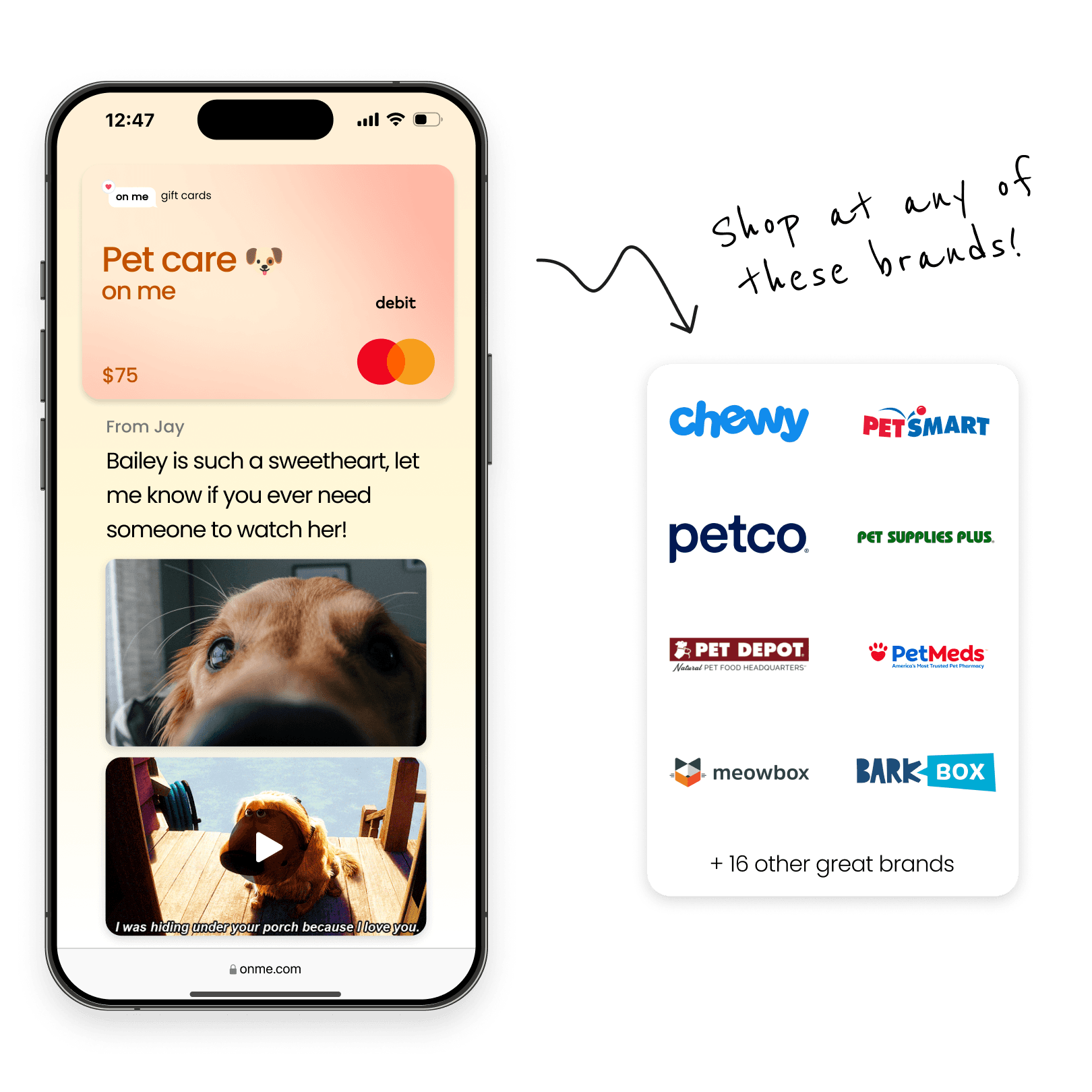 An image of an On Me Gift card being received, showing many brands where the gift card can be used