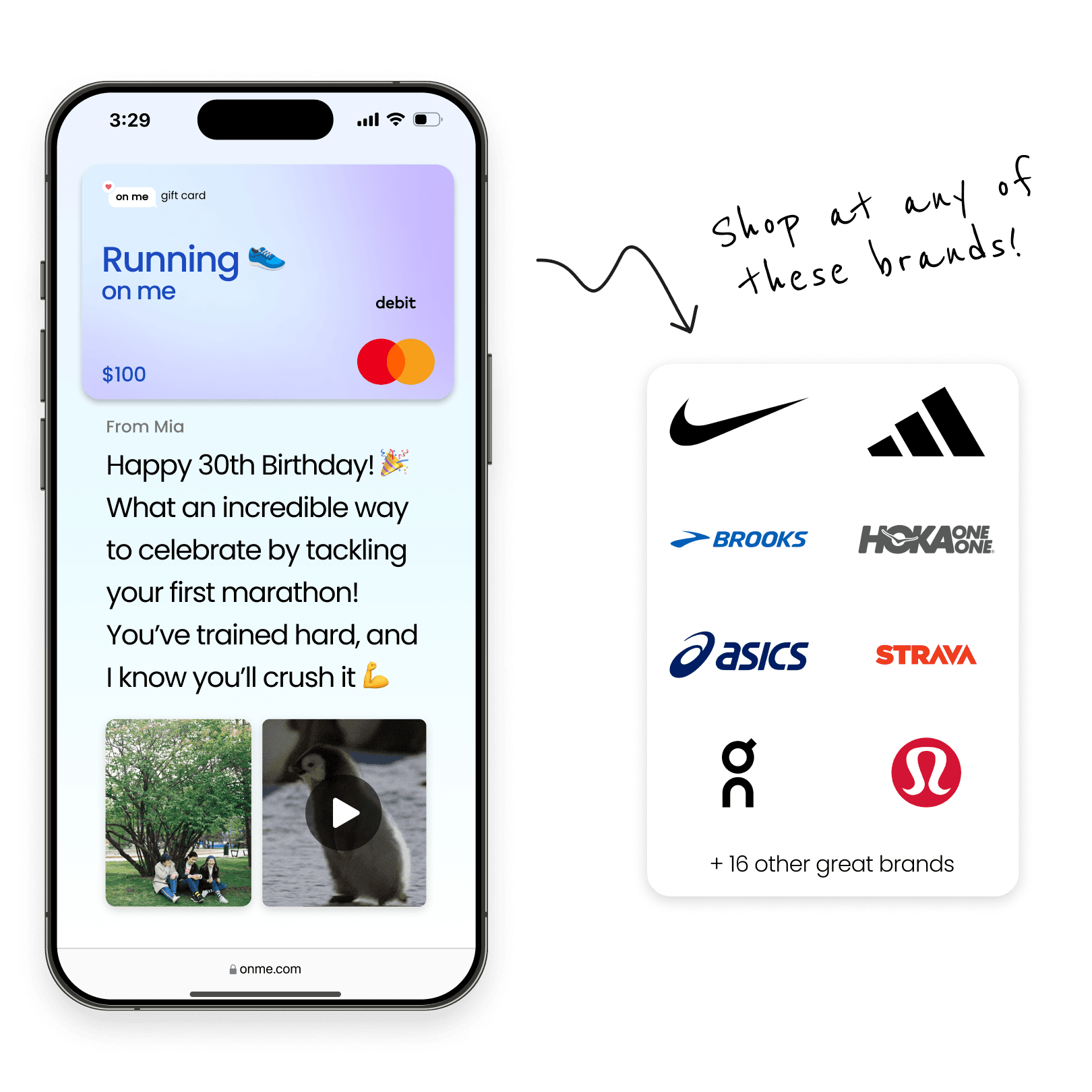 An image of an On Me Gift card being received, showing many brands where the gift card can be used