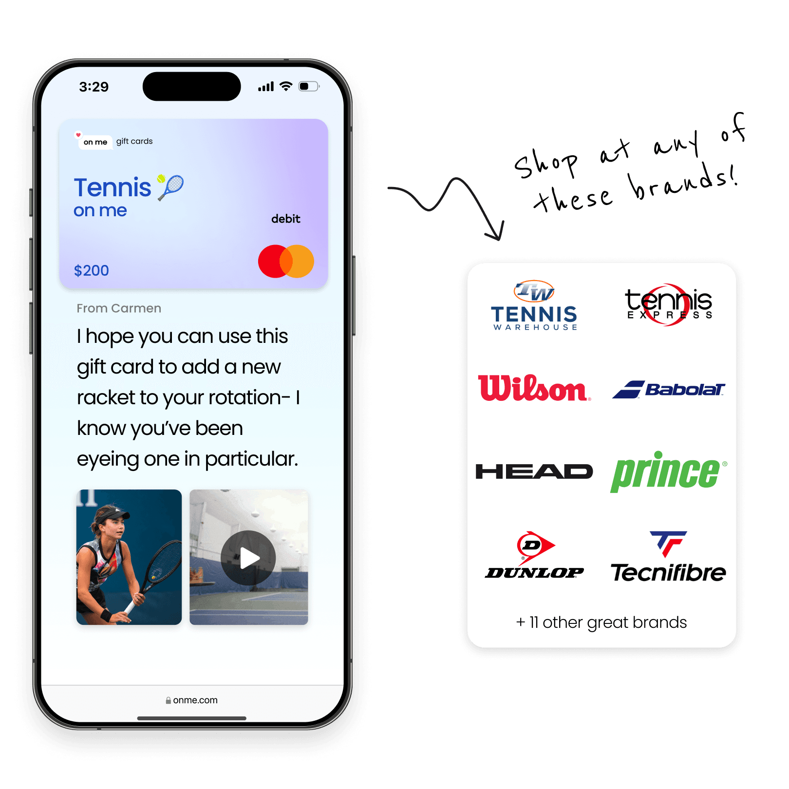 An image of an On Me Gift card being received, showing many brands where the gift card can be used