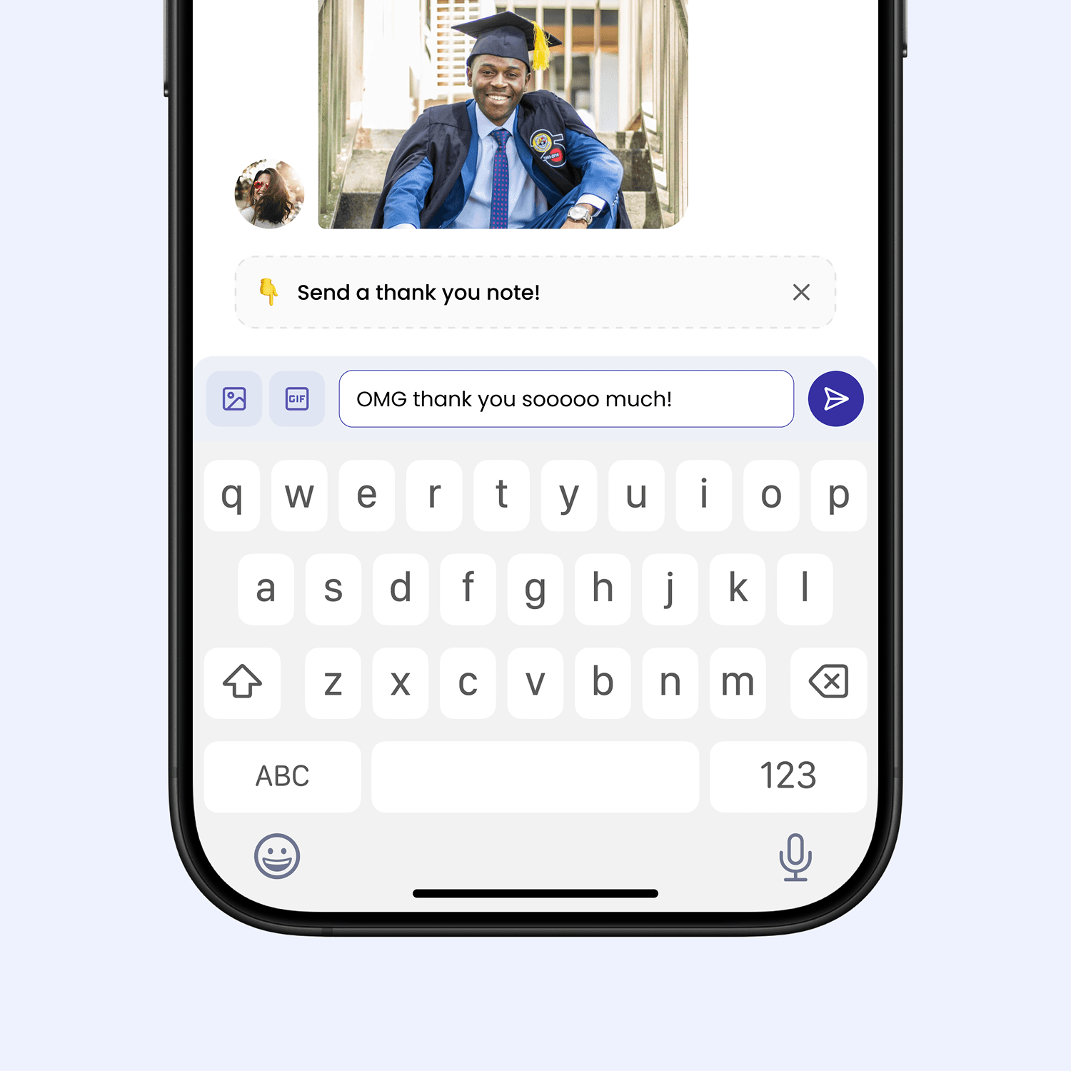 A picture of the On Me thank you note chat interface with a chat message present.