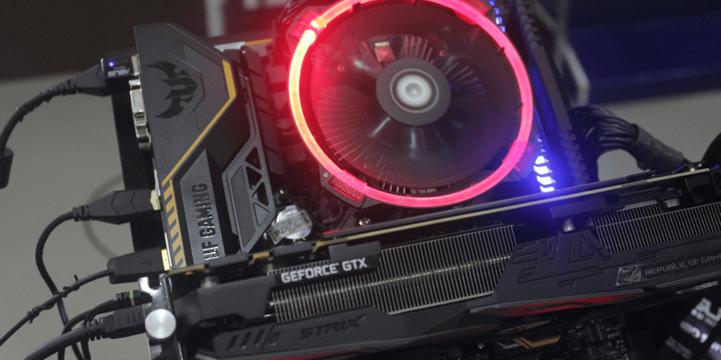 lighted black and gray graphics card