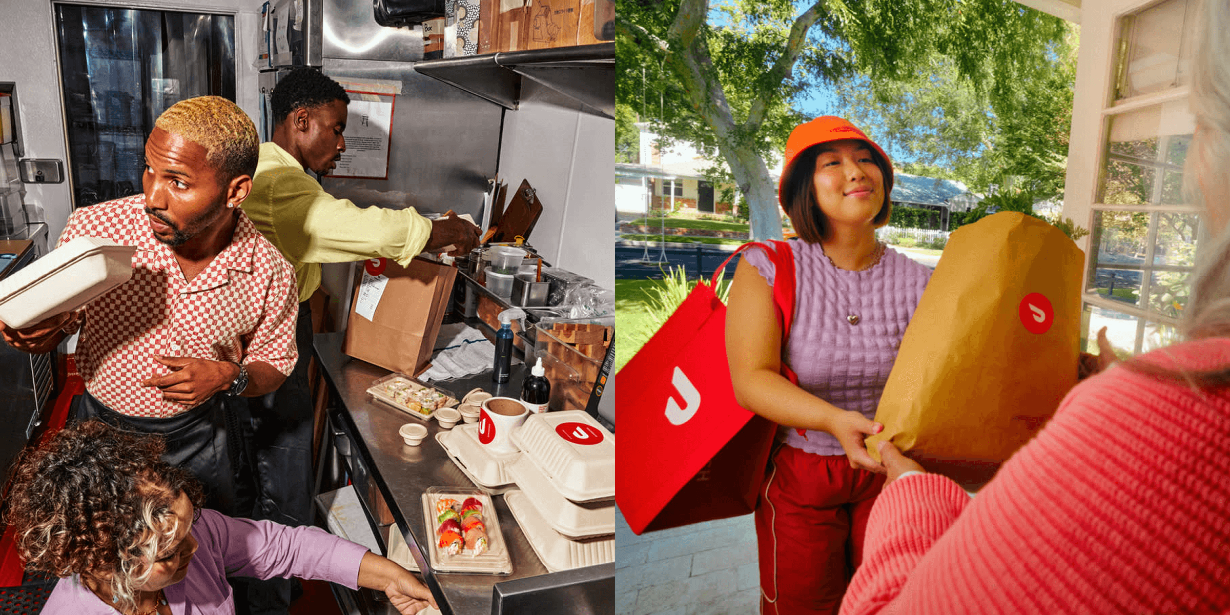two images side-by-side, left image showing people working in a busy kitchen, right image showing a doordash delivery person holding bags at a doorstep