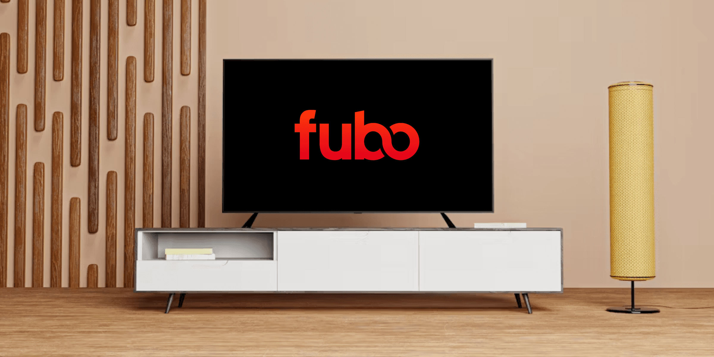 TV on a TV stand, showing the fubo logo