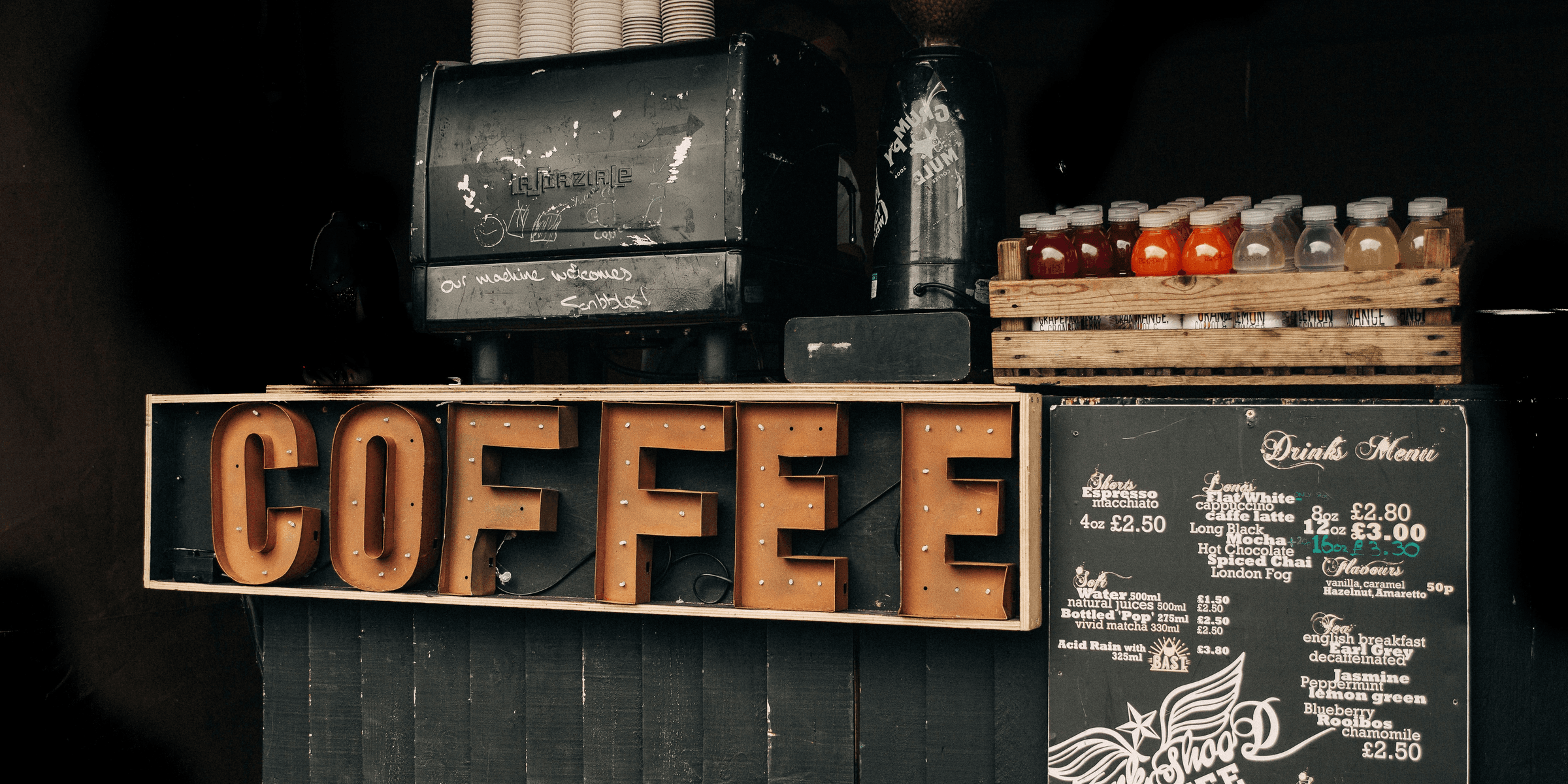brown coffee signage beside poster.