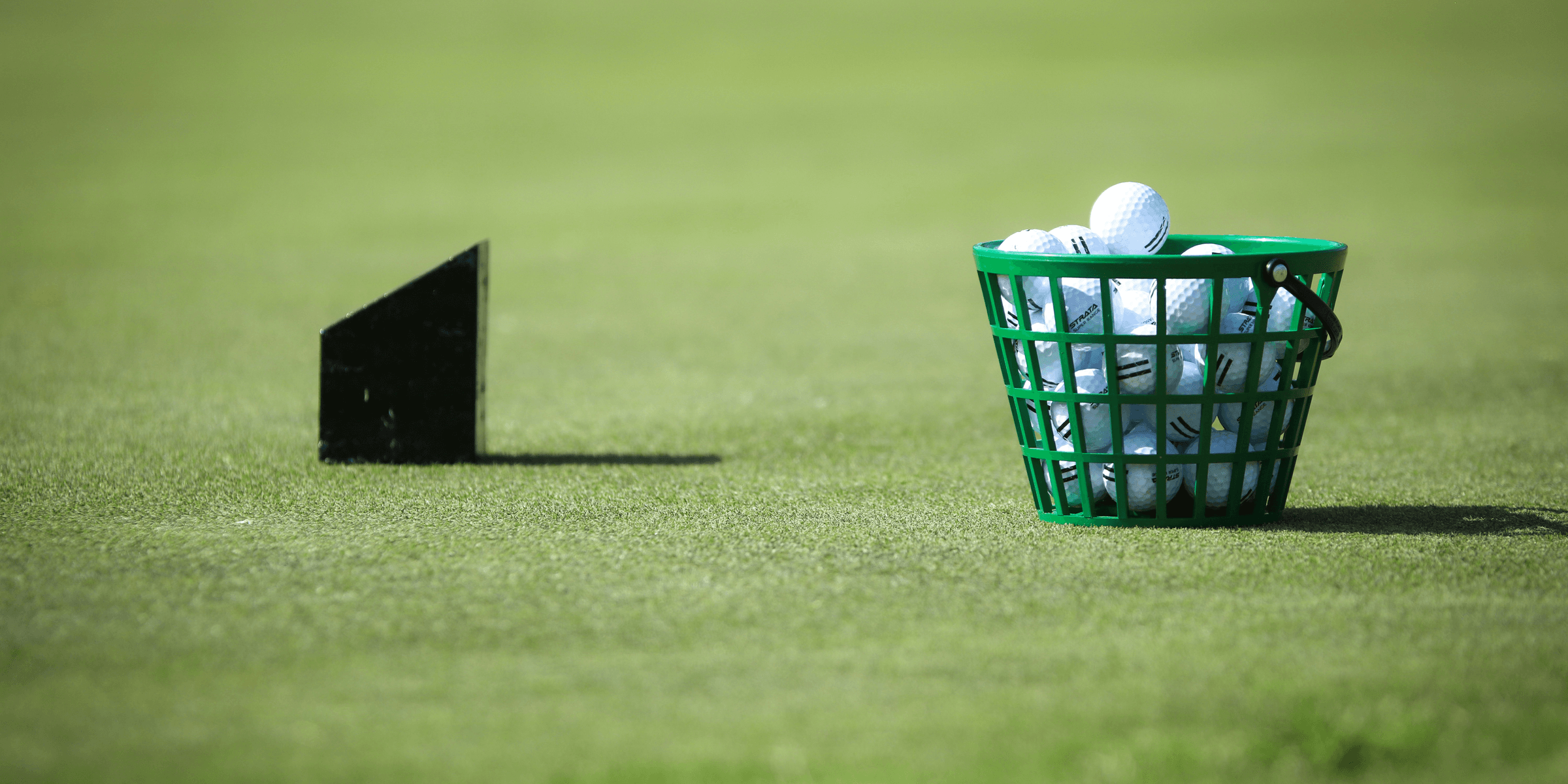 basket of golf balls on green grass.