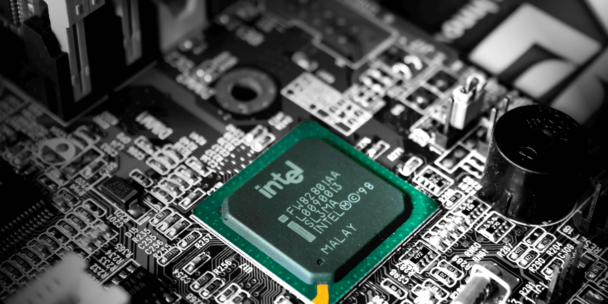 Intel computer processor in selective color photography.