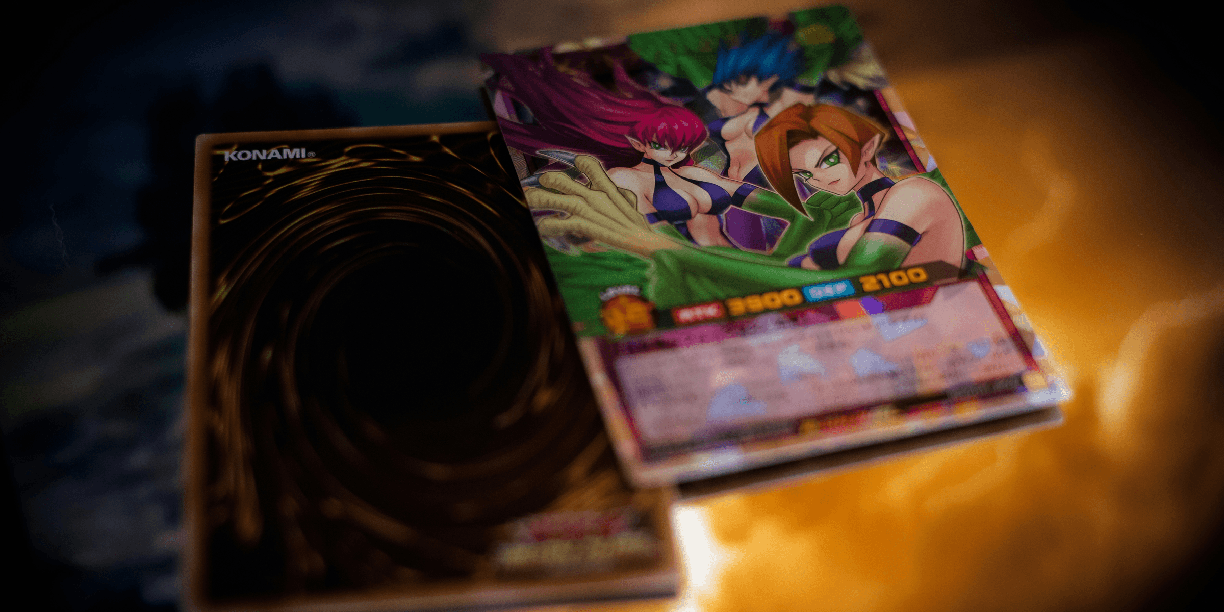 A yu-gi-oh! card is shown on a deck..