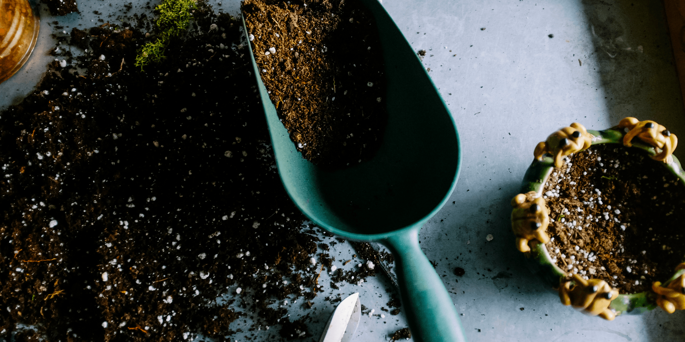 green metal garden shovel filled with brown soil.