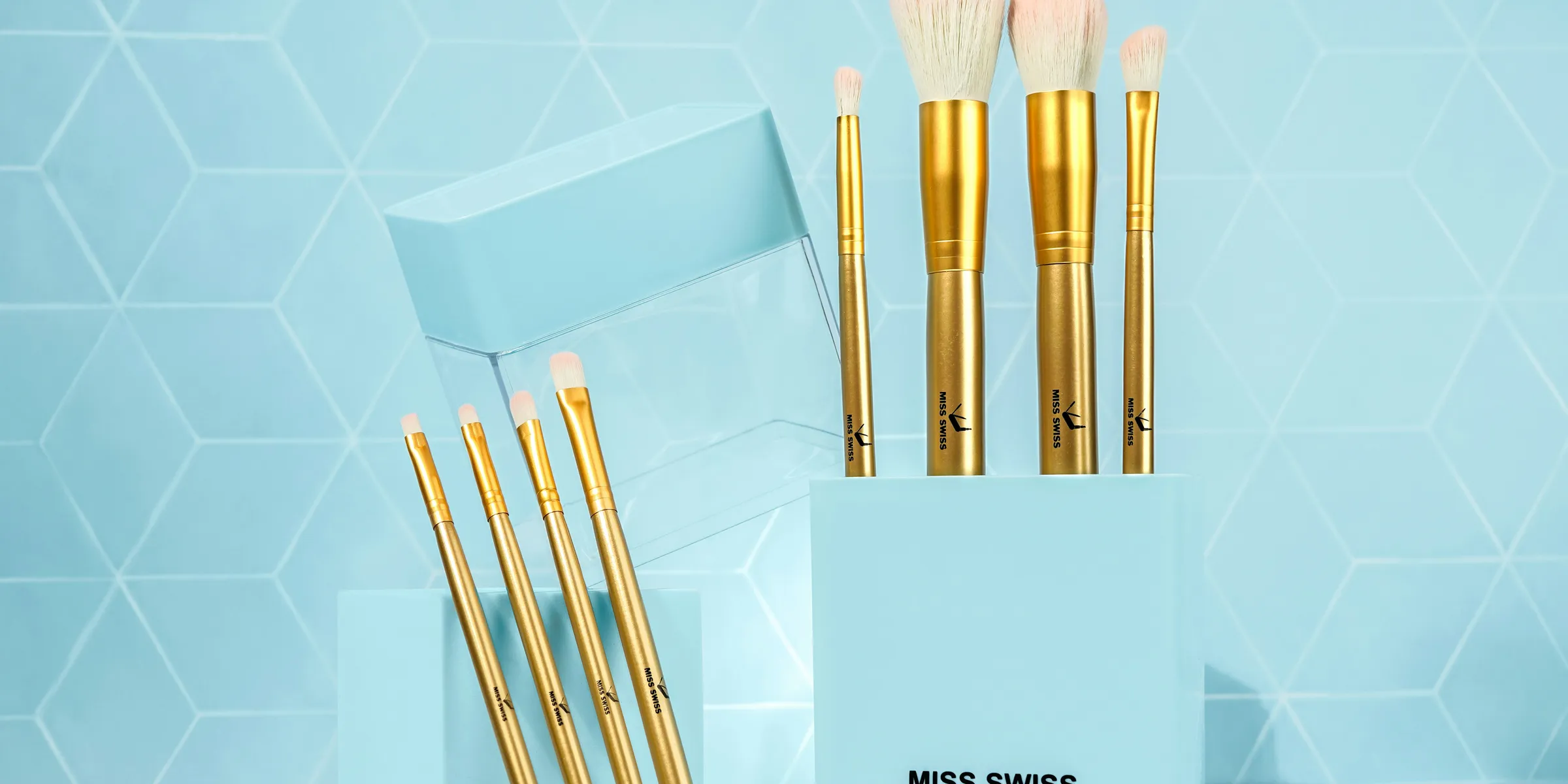 a set of makeup brushes in a blue box