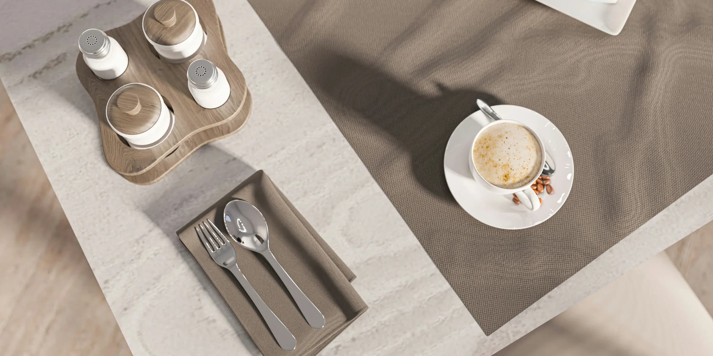 a table topped with a plate of food and a cup of coffee