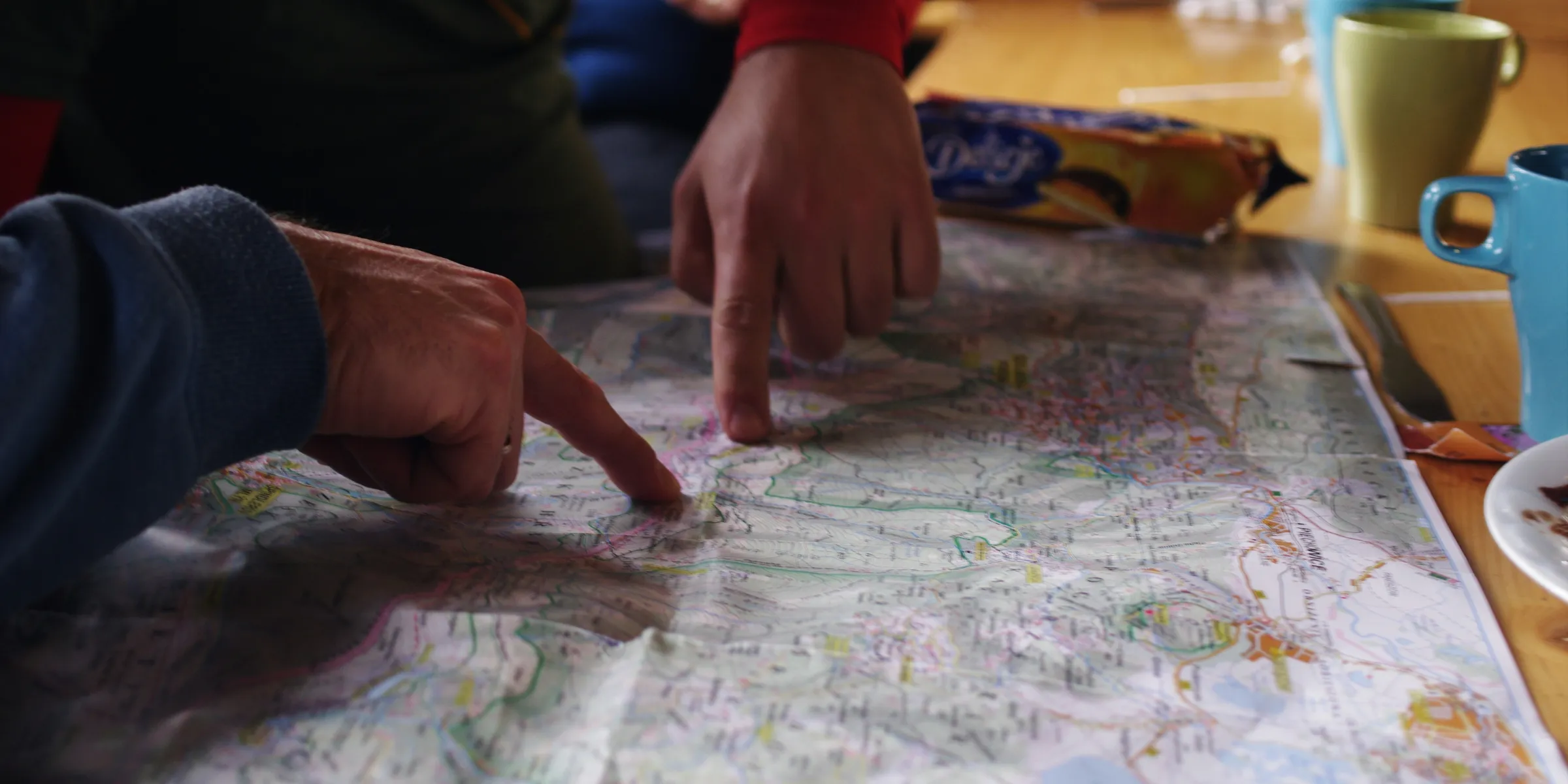 person in red long sleeve shirt holding white and blue floral textile