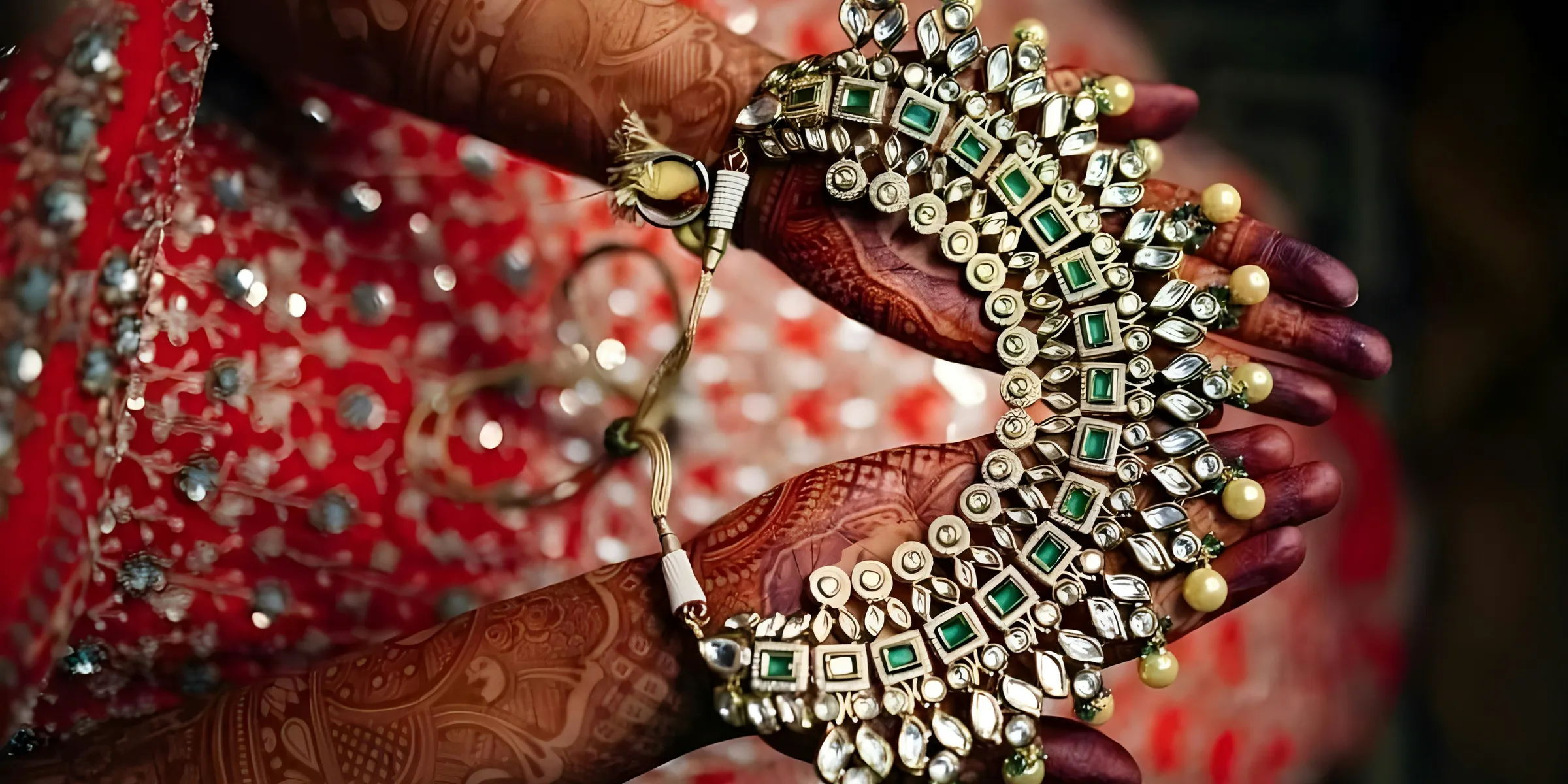 Jeweled necklace is held with henna-decorated hands.