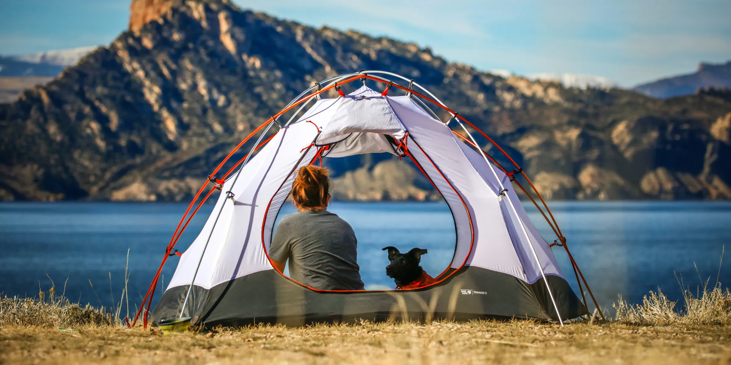 woman and a dog inside outdoor tent near body of water
