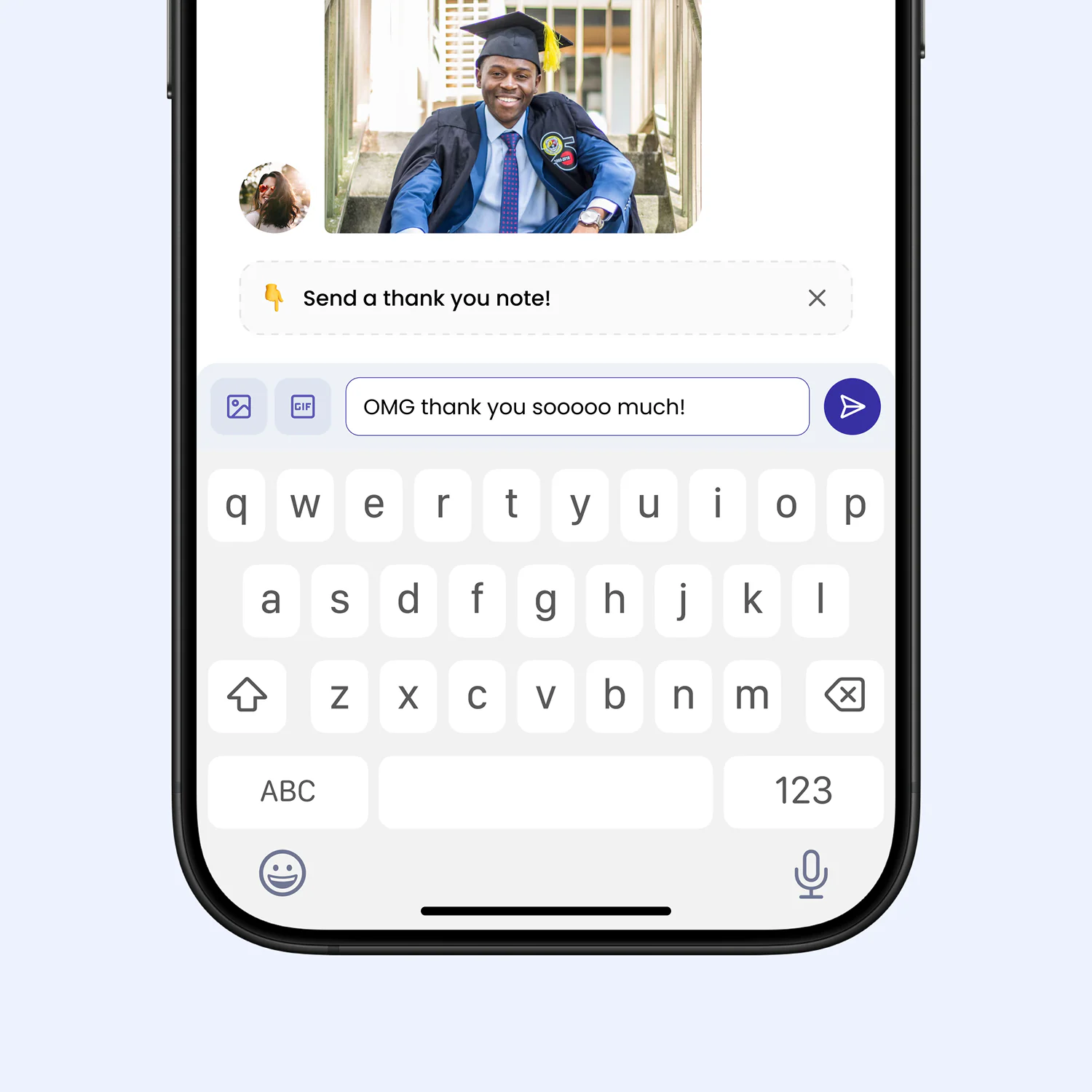 A picture of the On Me thank you note chat interface with a chat message present.