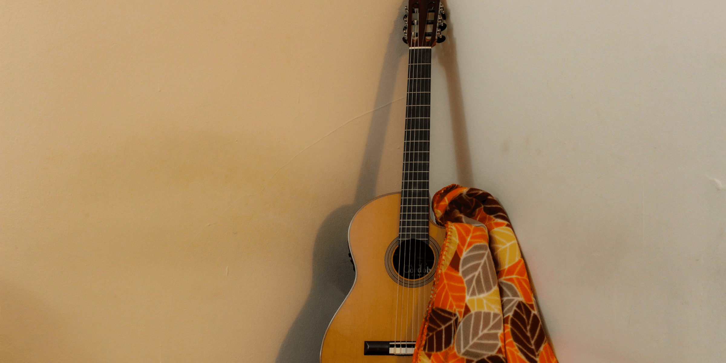 a guitar is propped up against a wall