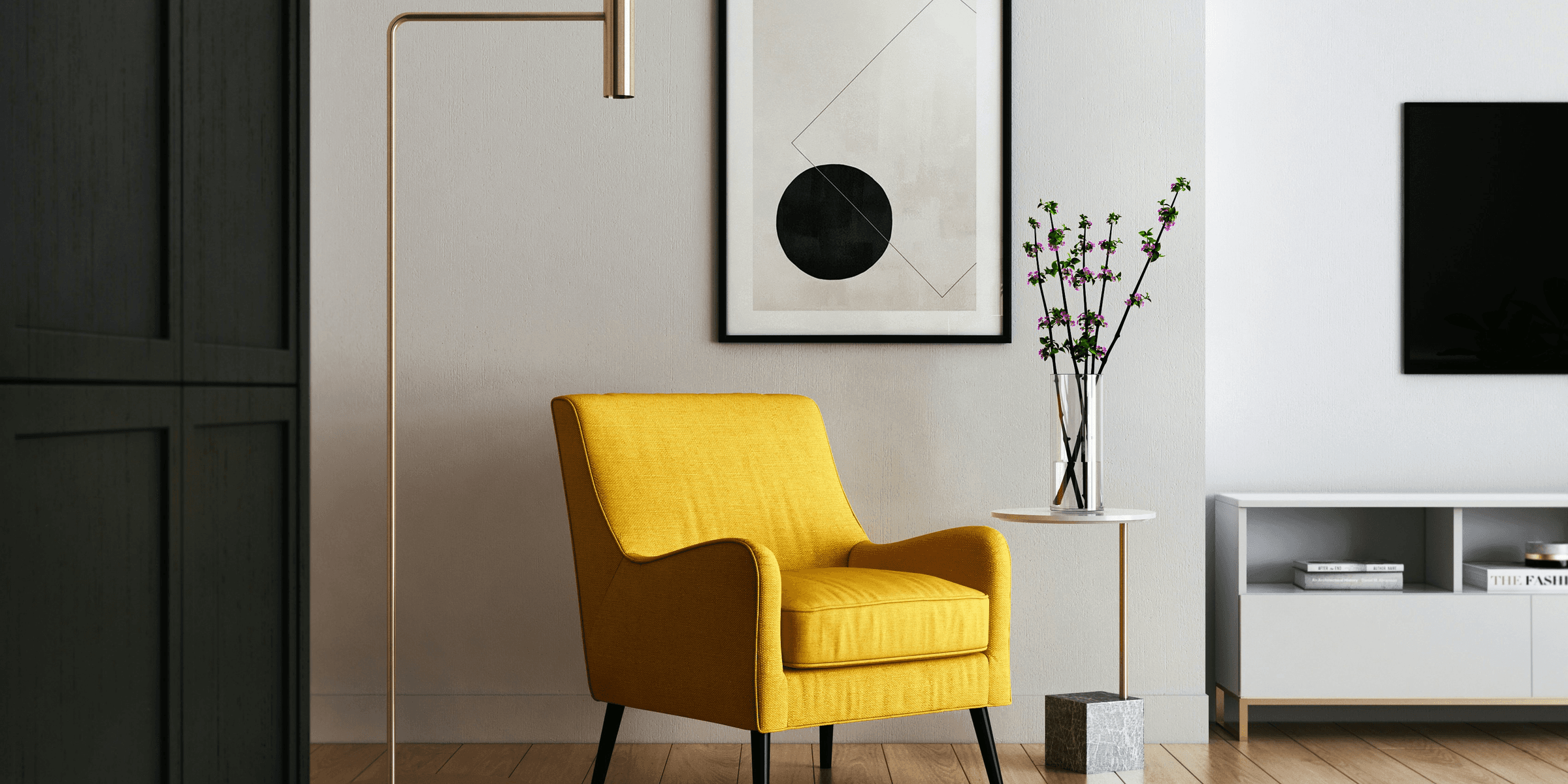 brown wooden framed yellow padded chair.