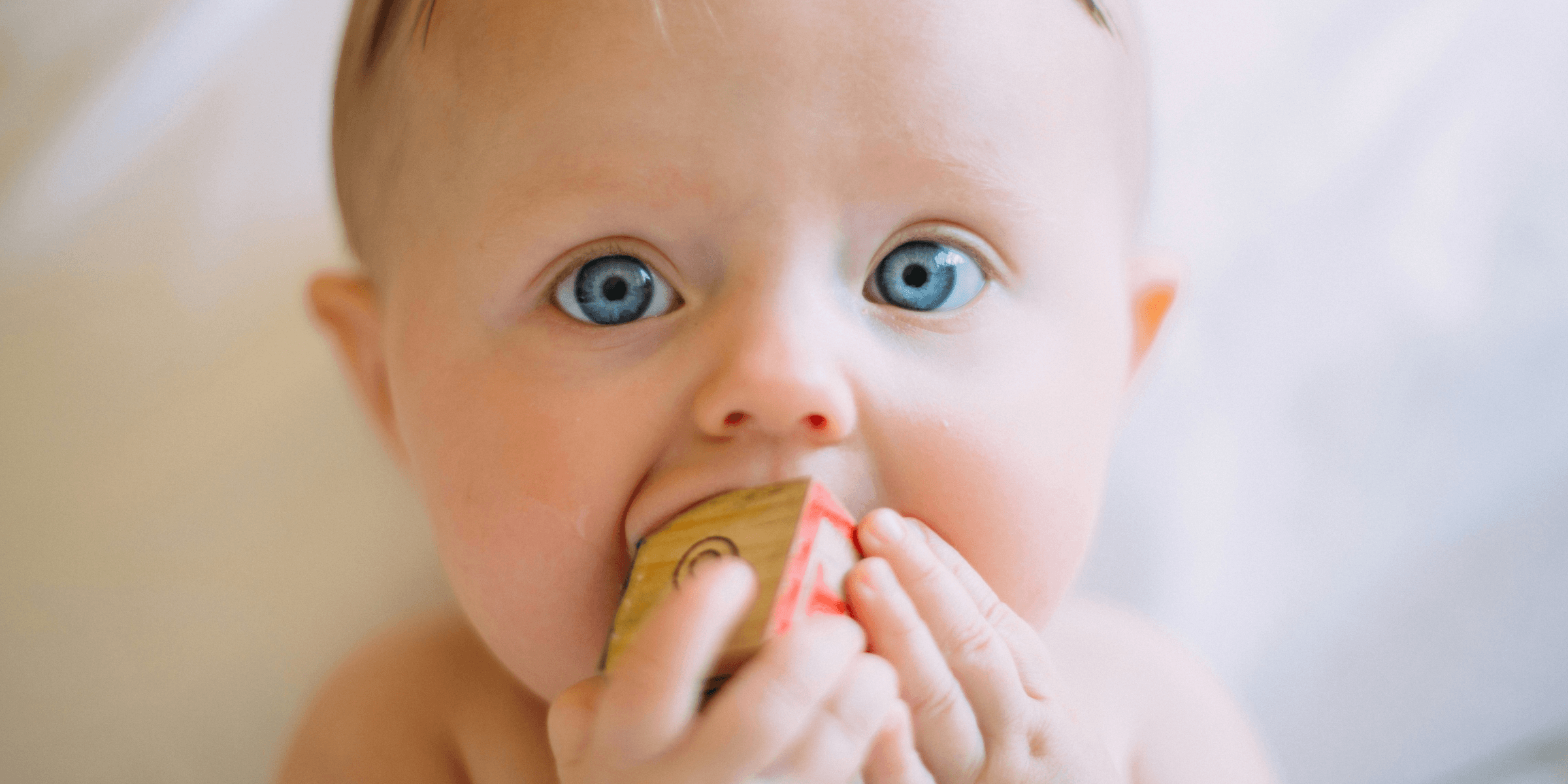 selective focus photography of baby holding wooden cube.