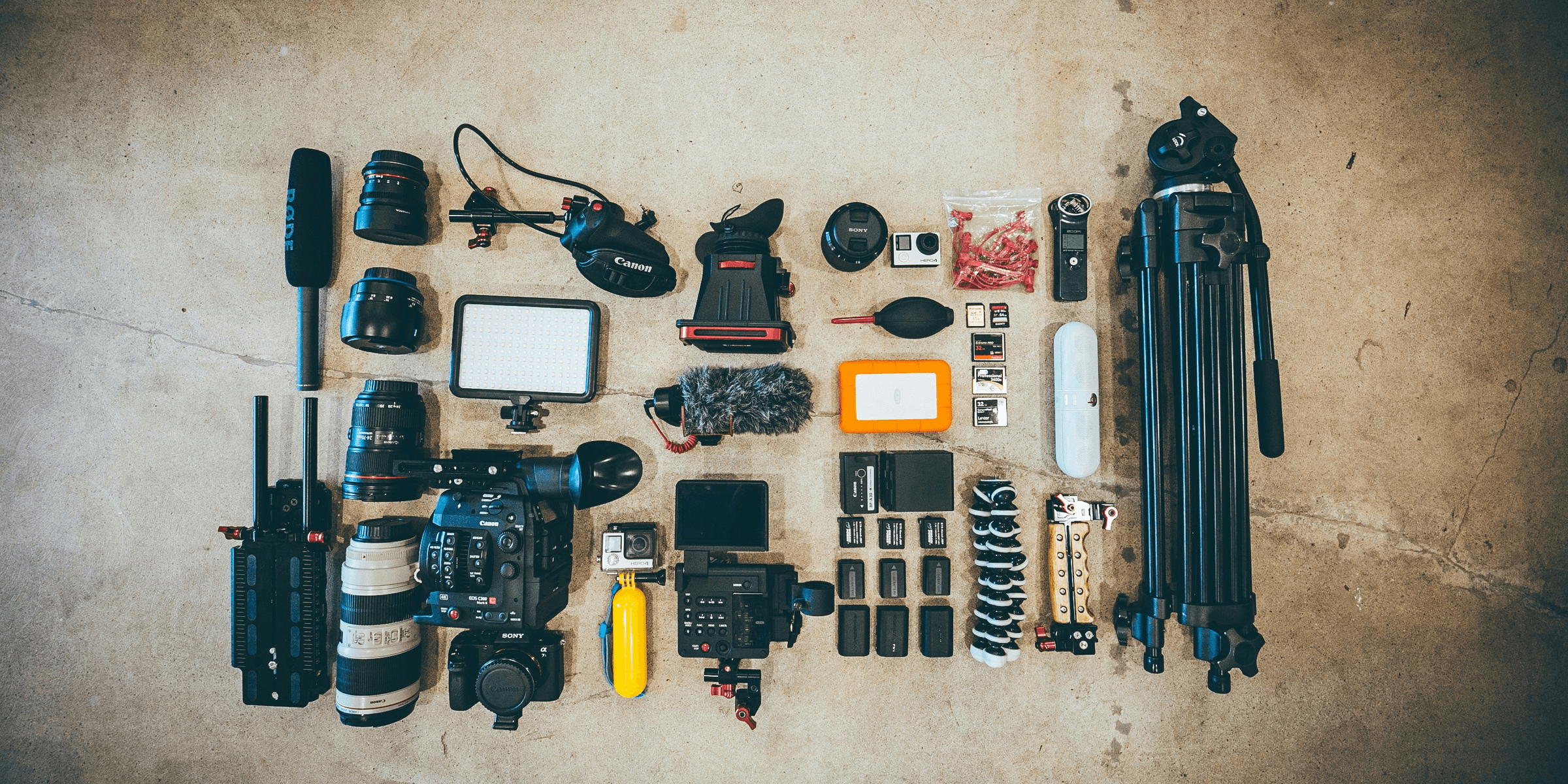 flat lay photo of camera gear on floor.