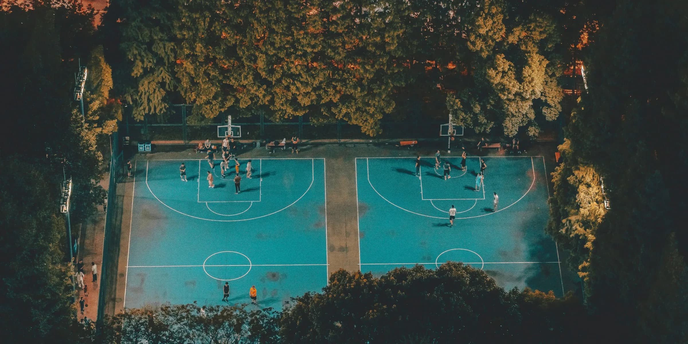 basketball court surrounded by green leafed trees