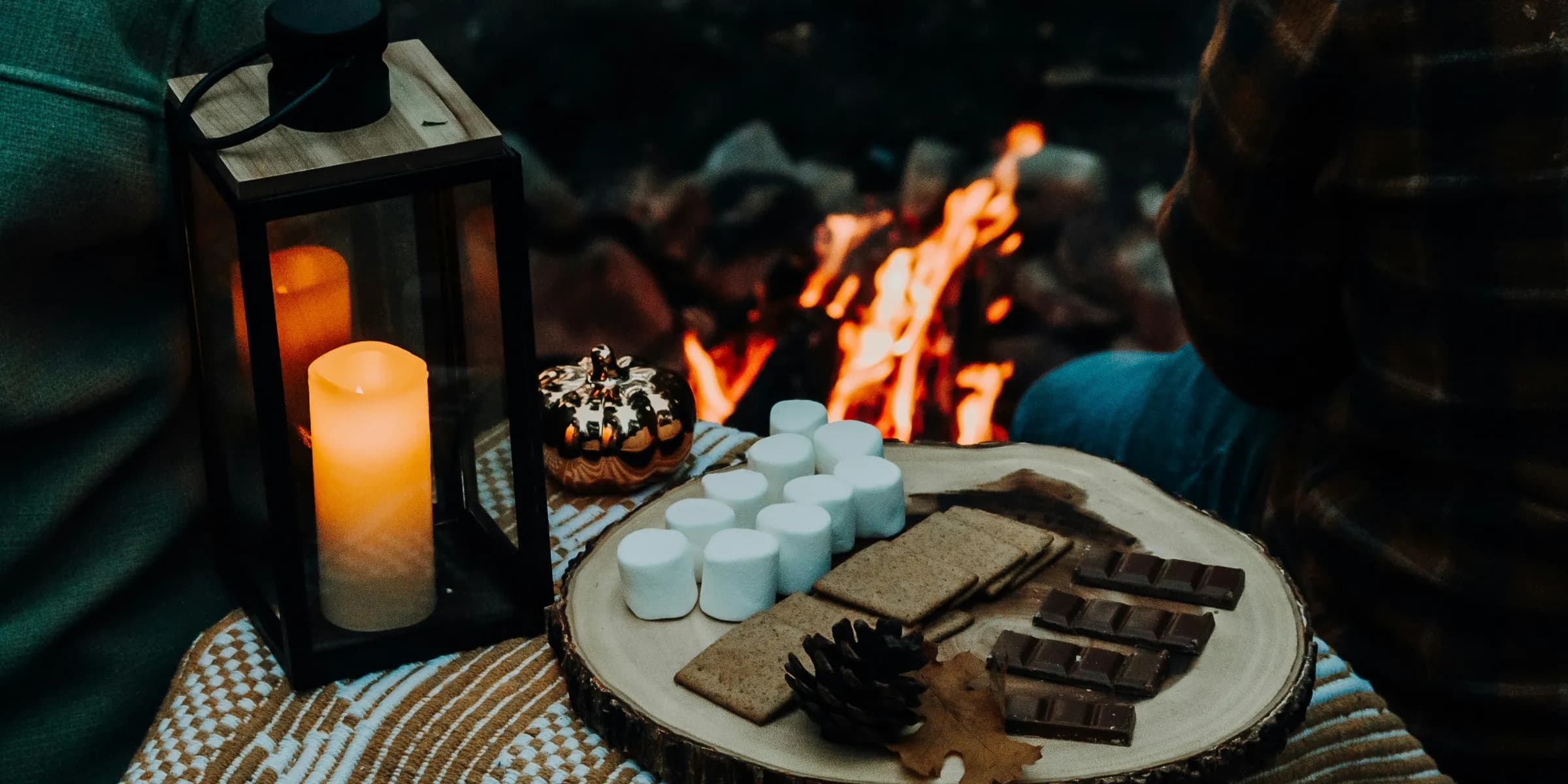 a person sitting in front of a campfire with a tray of marshmallow