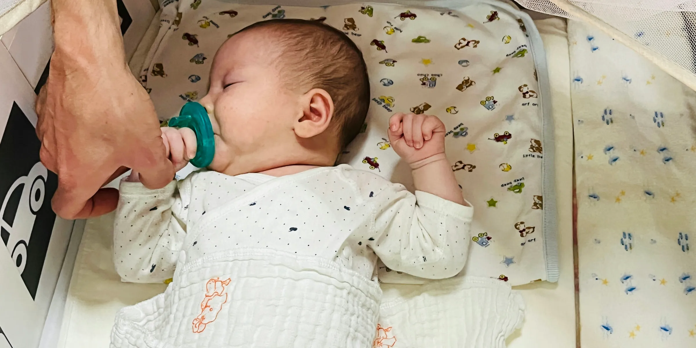 Baby sleeps peacefully in a crib.