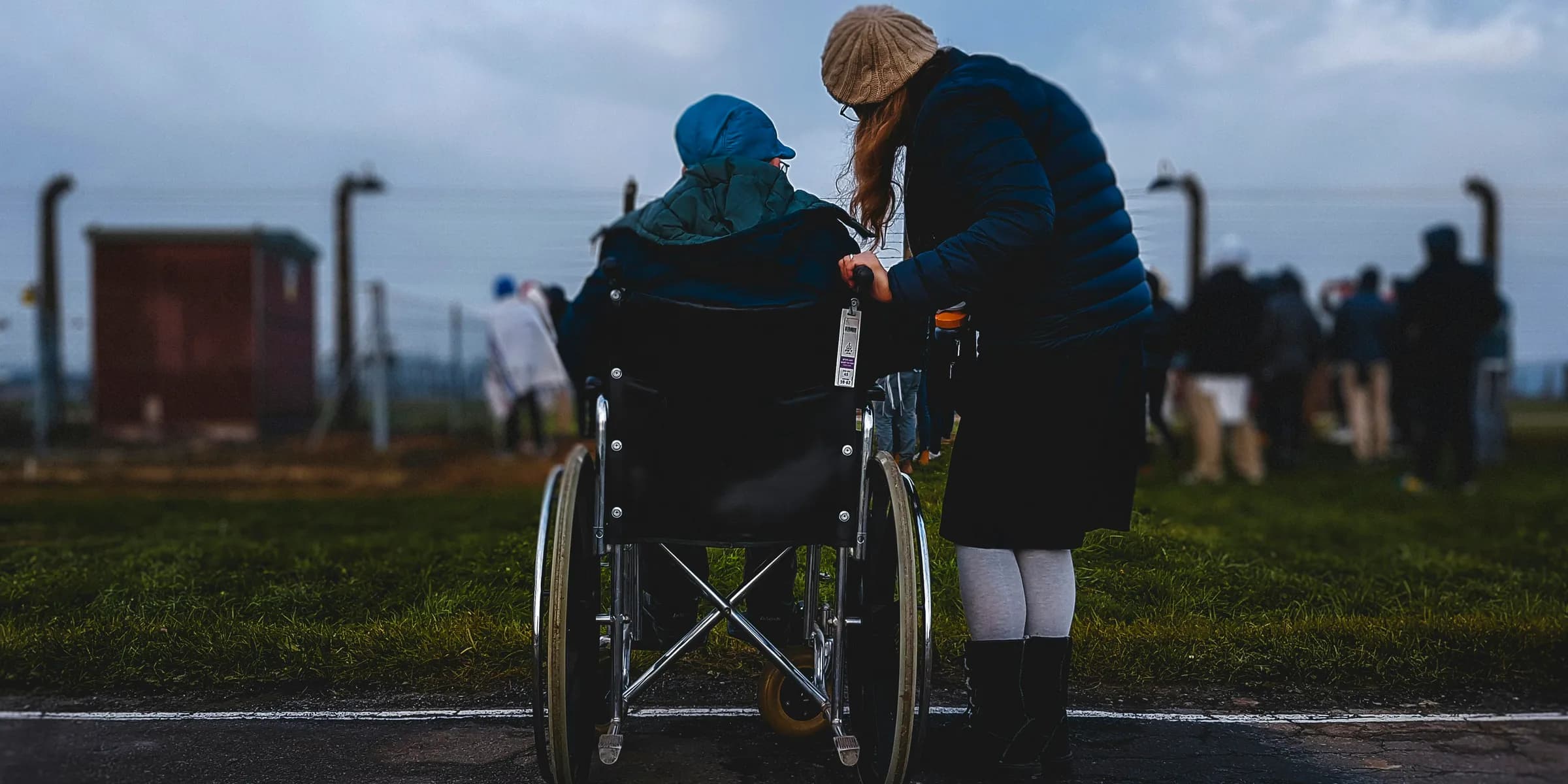 woman standing near person in wheelchair near green grass field