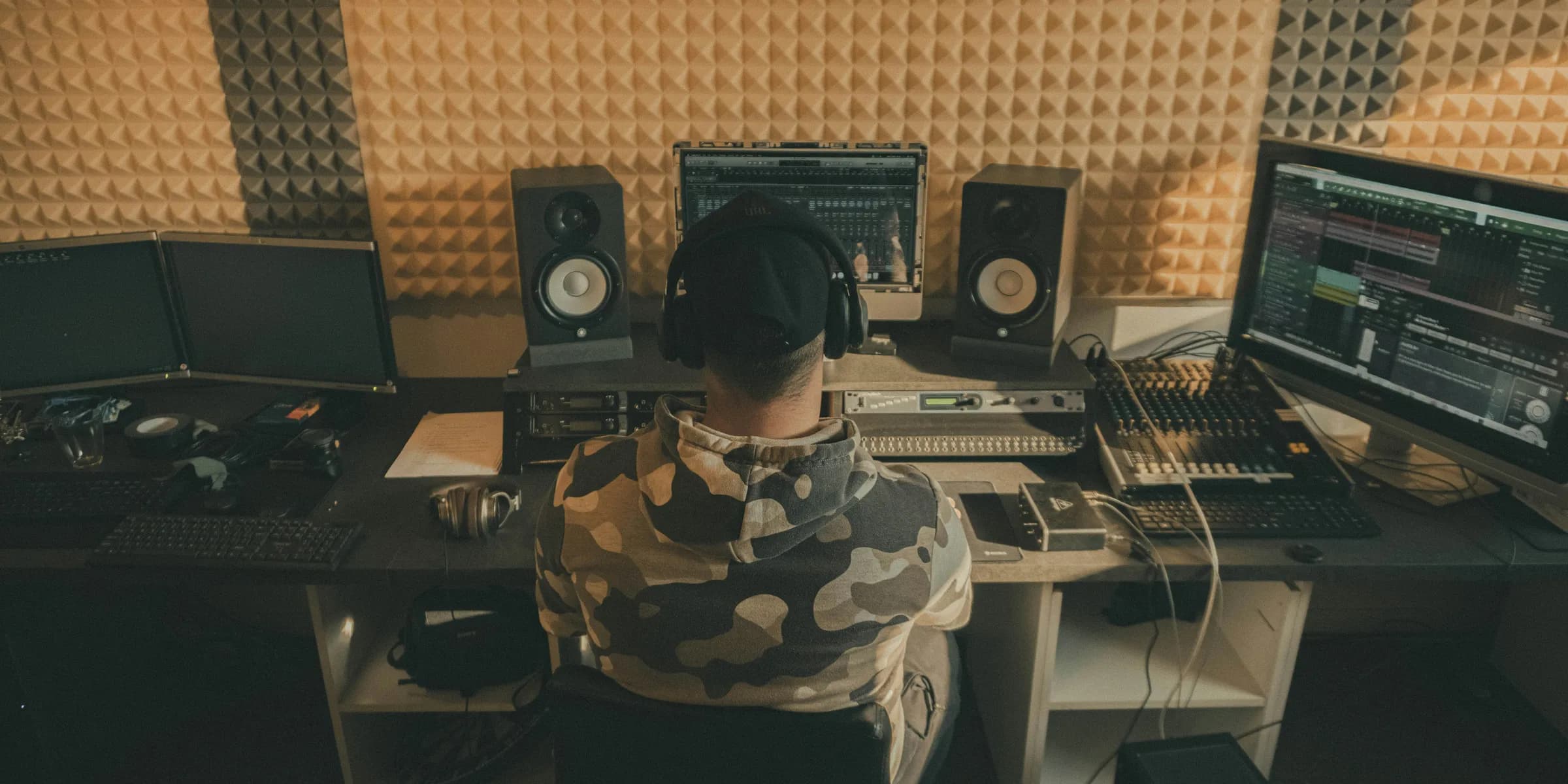 man in black and white camouflage shirt sitting beside black computer keyboard