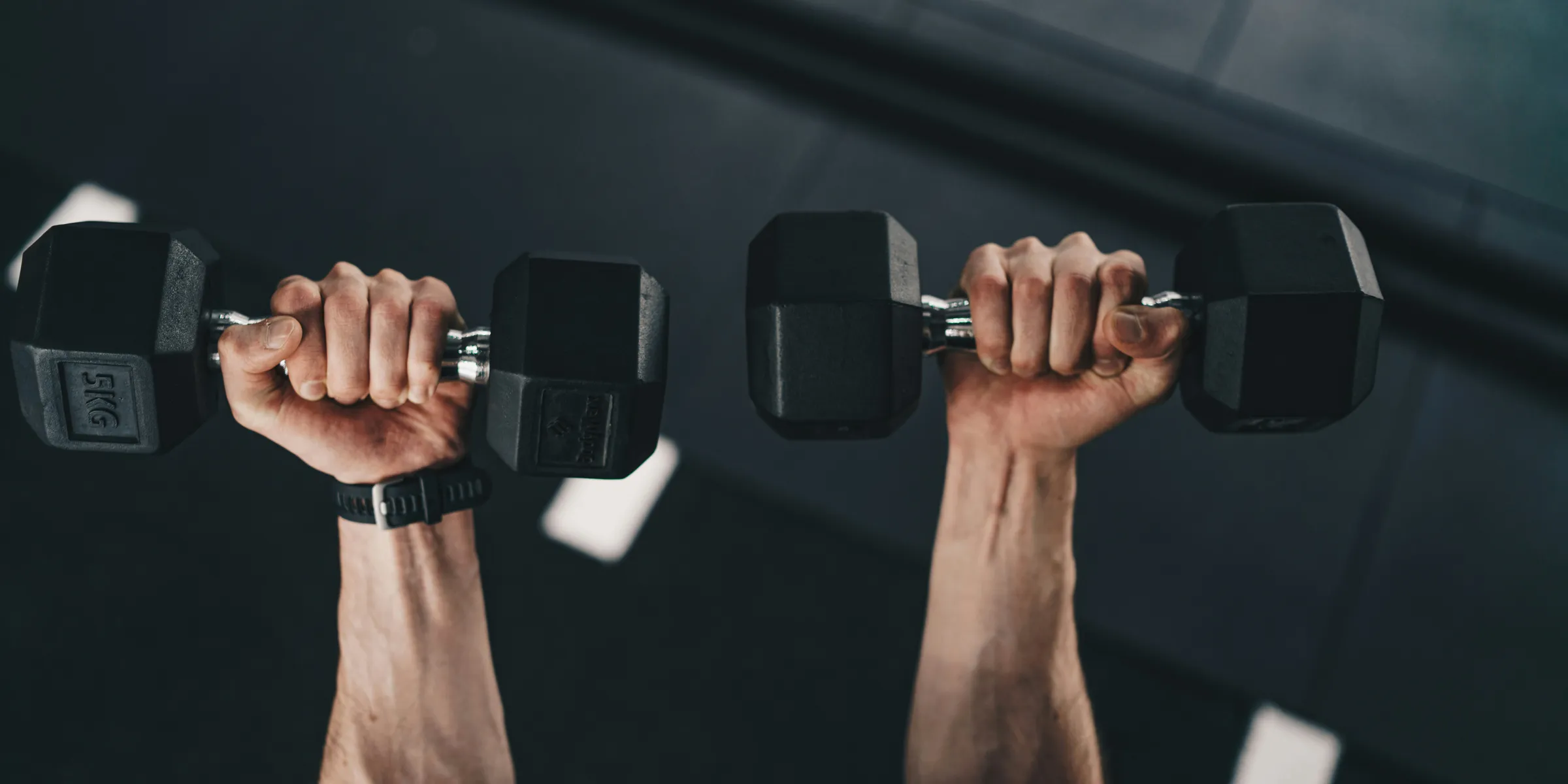 a man lifting two dumbs in a gym