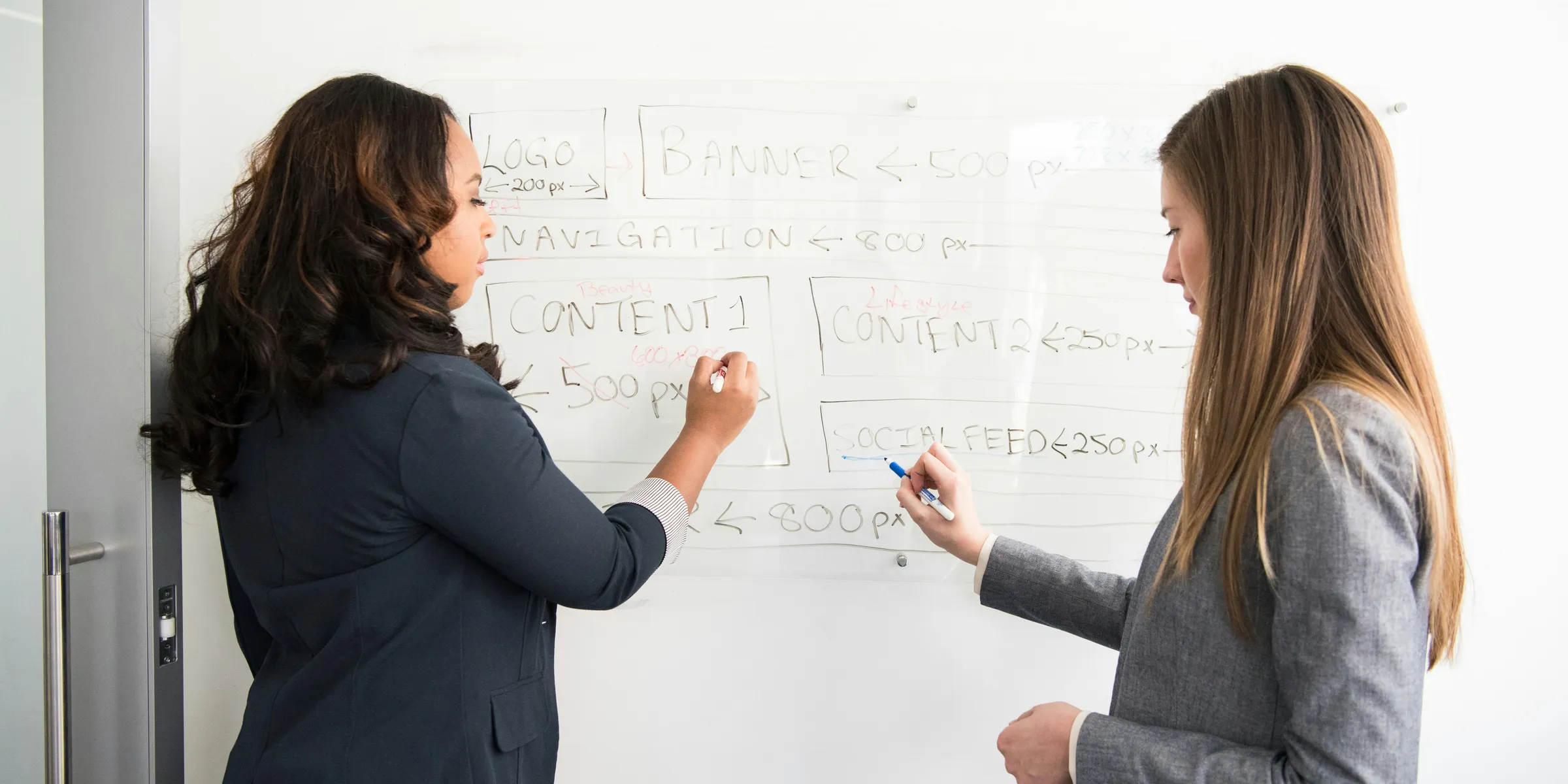 two women writing on whiteboard