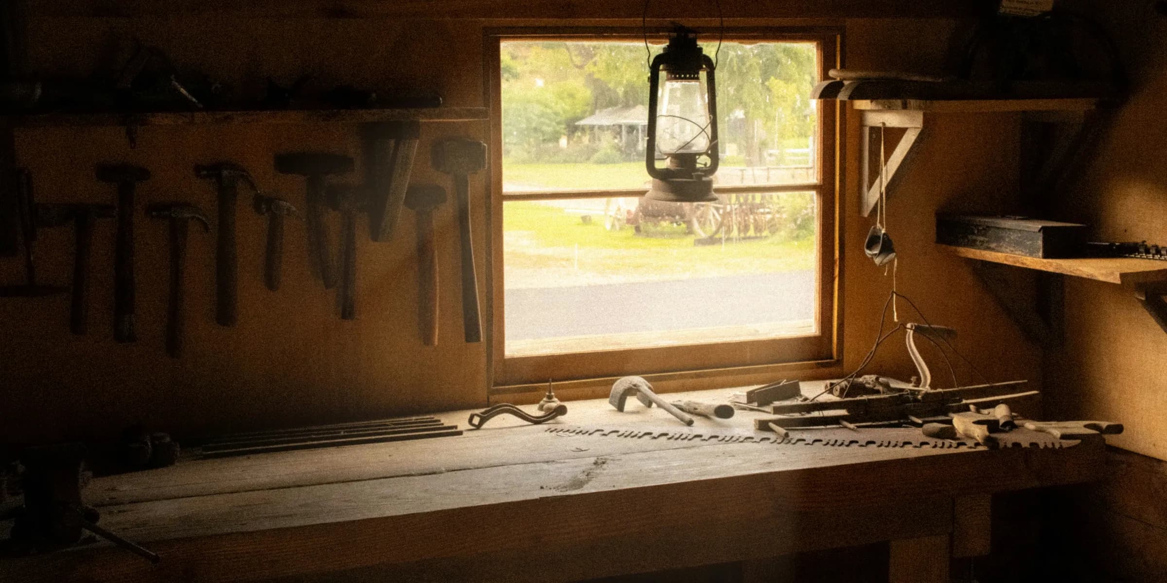 Workbench with tools in a rustic workshop