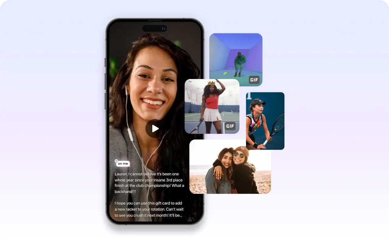 Example of a personalized On Me gift card receiver experience with videos, gifs, and images