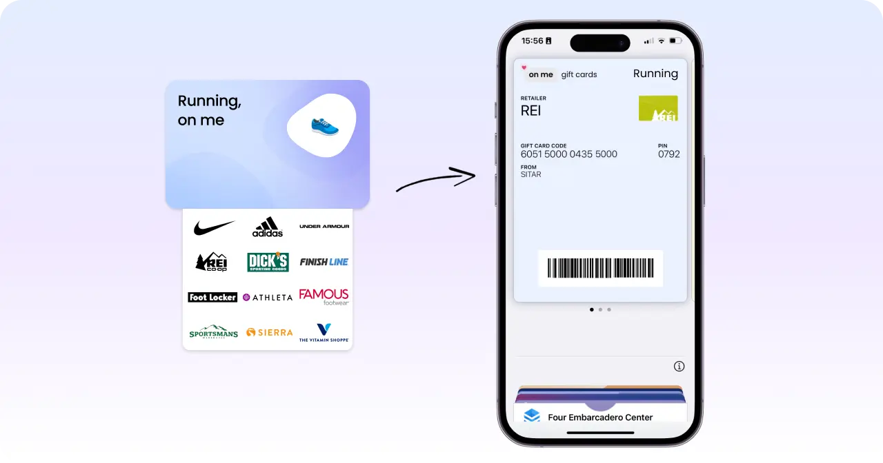 A Running, On Me gift card with supported brands